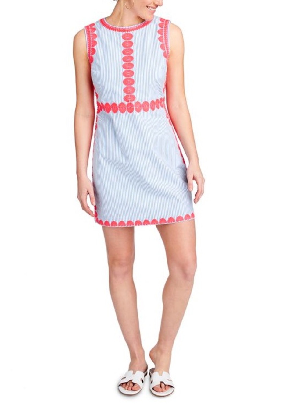 Vineyard Vines Blue White Seersucker Pink Embroidered Shell Shift Dress Size 6